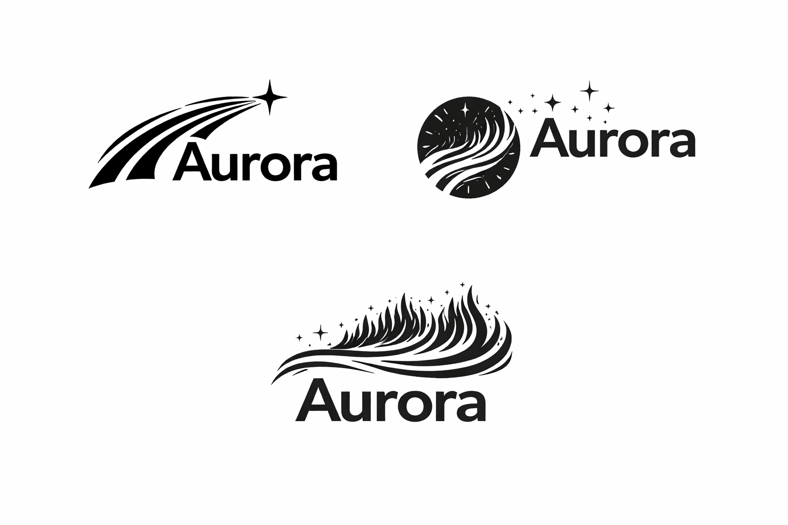 Aurora logo concepts: shooting star mark, circular aurora emblem, and northern lights wave mark