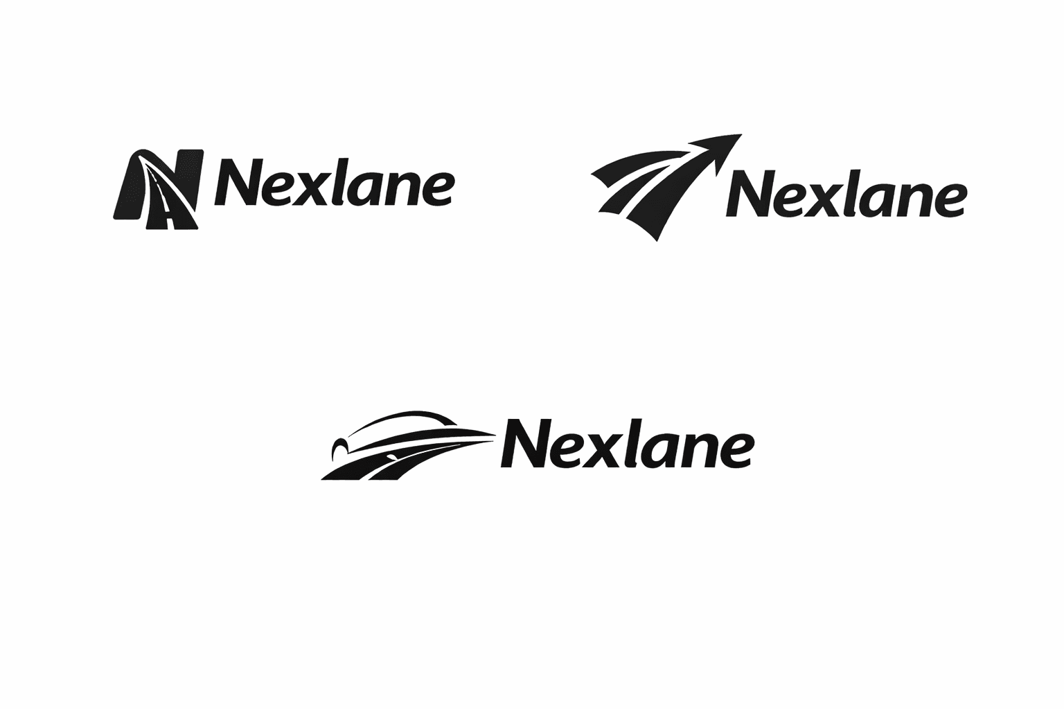 Nexlane logo concepts: road-in-N mark, upward arrow mark, and automotive lane mark