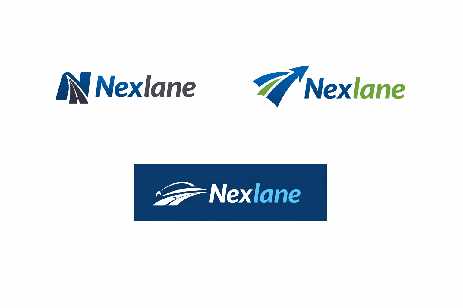 Nexlane logo variations: minimal road-and-letter mark, dynamic arrow mark, and mark on dark background