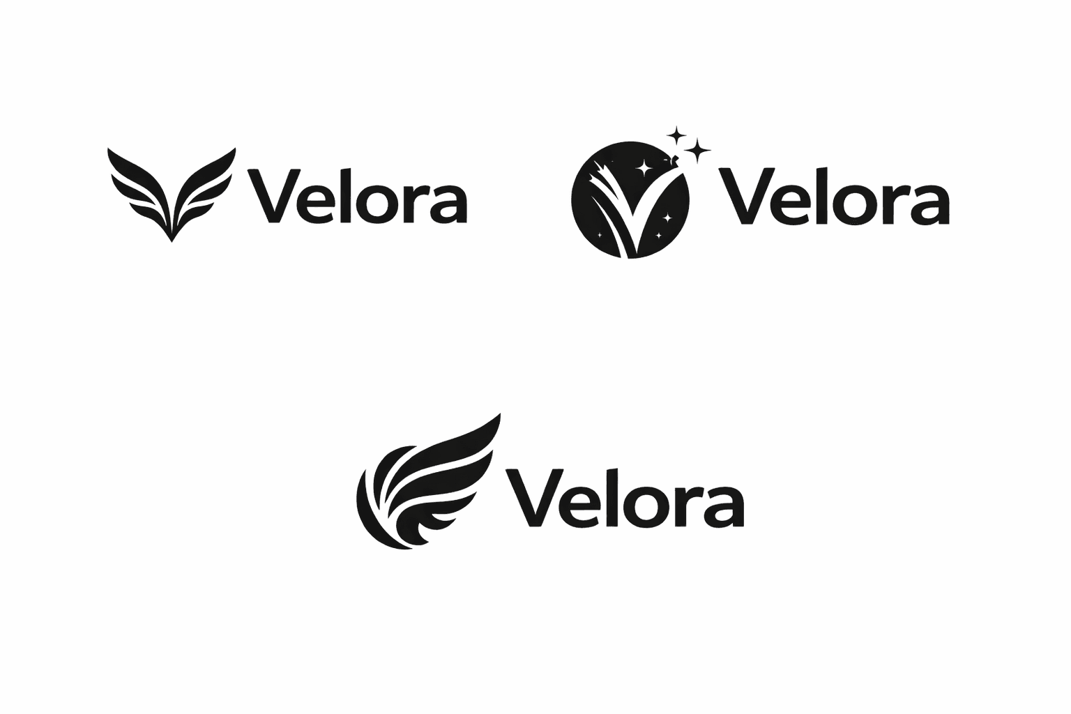 Velora logo concepts: symmetrical wings mark, circular emblem mark, and motion wing mark